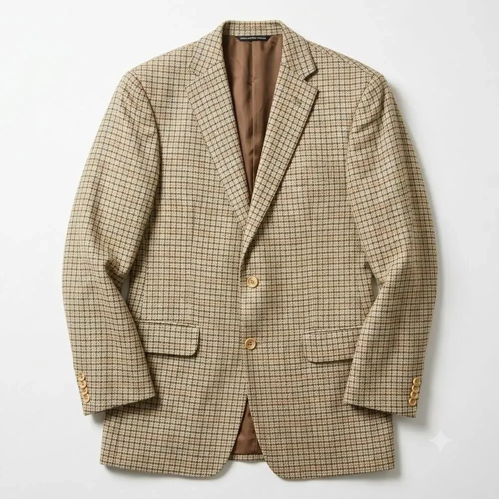 Coppley 100% Silk Dobby Minelli Sport Coat Beige Plaid Two Button Mens 40R
